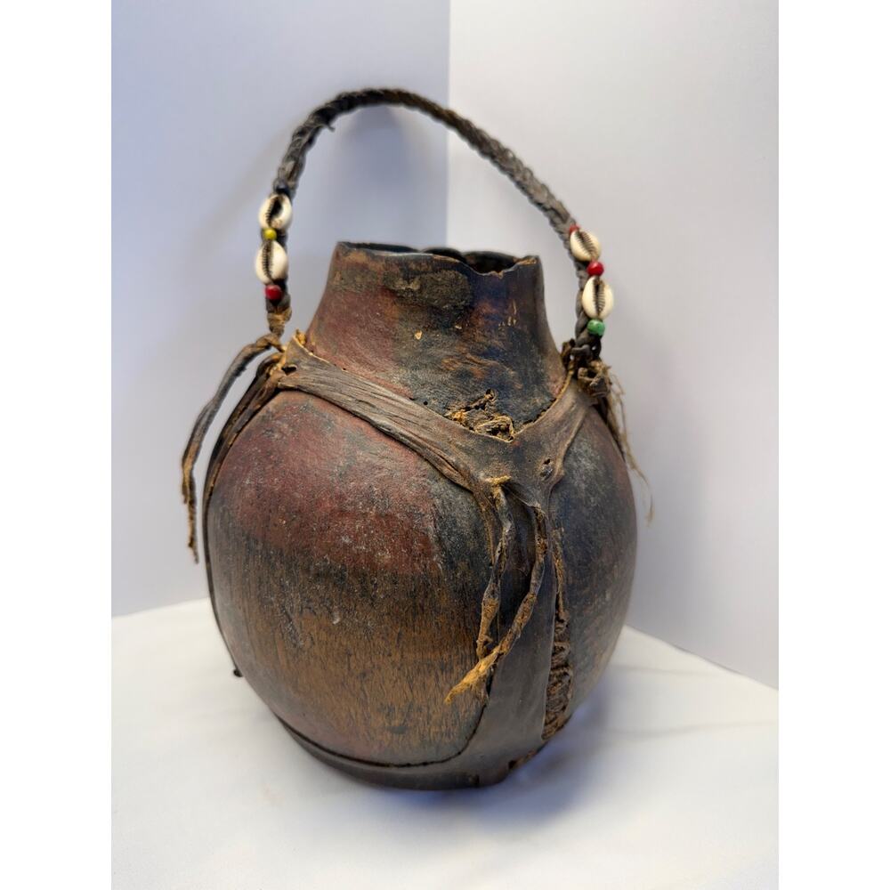 Vintage Handcrafted‎ Leather Wrapped Gourd Jug w/ Beaded Handle